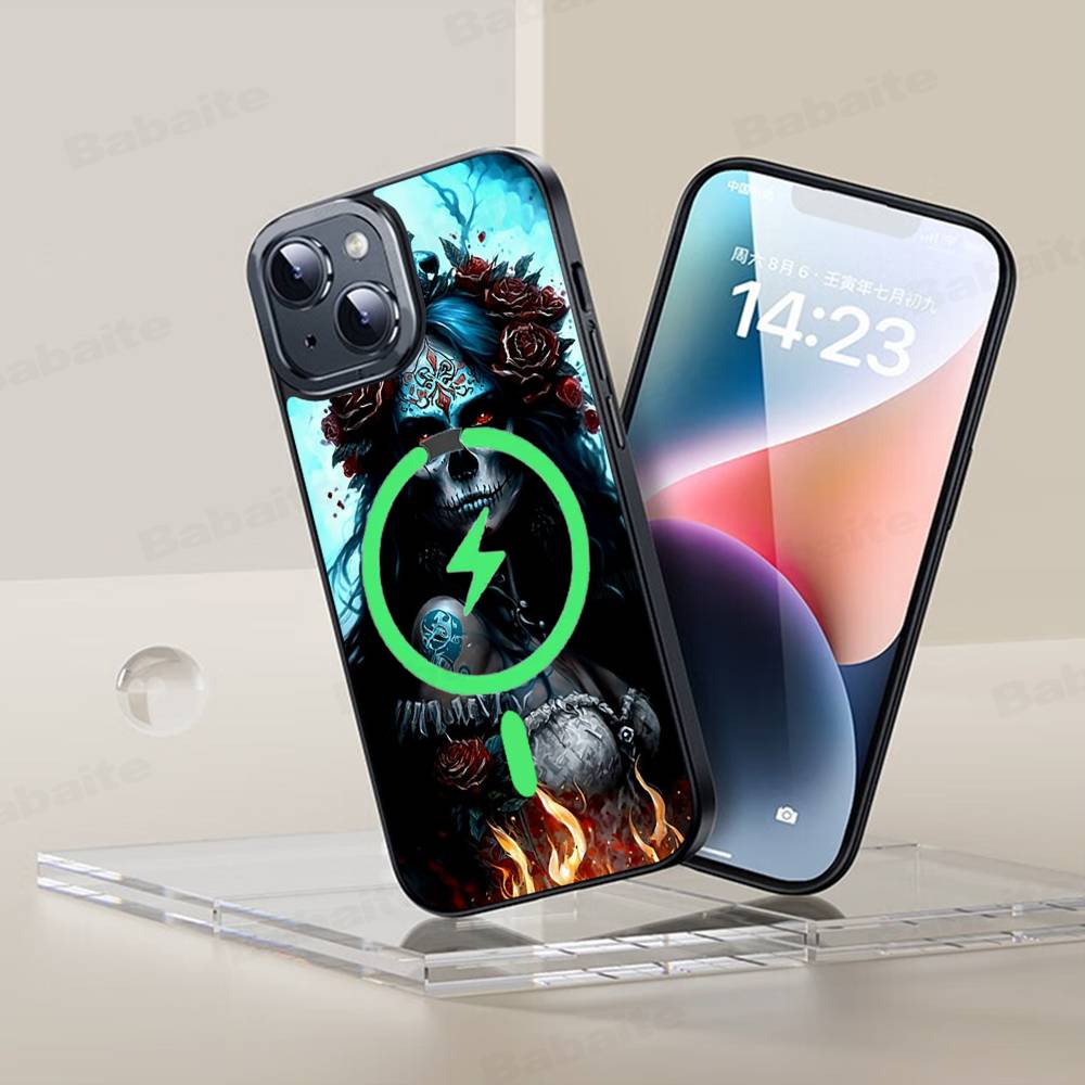 Чехол для телефона Catrina Красивая Девушка Роза Череп Магнитный Чехол Для iPhone 17 16 15 14 13 12 11 Для Magsafe Беспроводная Зарядка Чехол