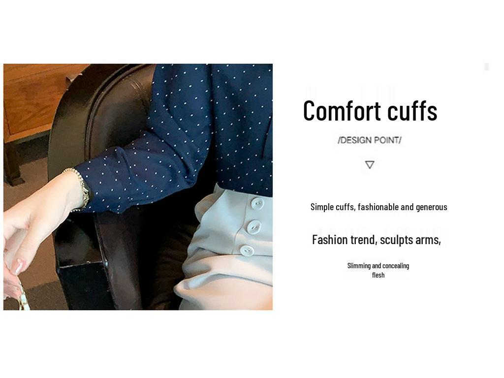 Шифоновая блузка в горошек с бантом - Женская осенняя мода с длинным рукавом