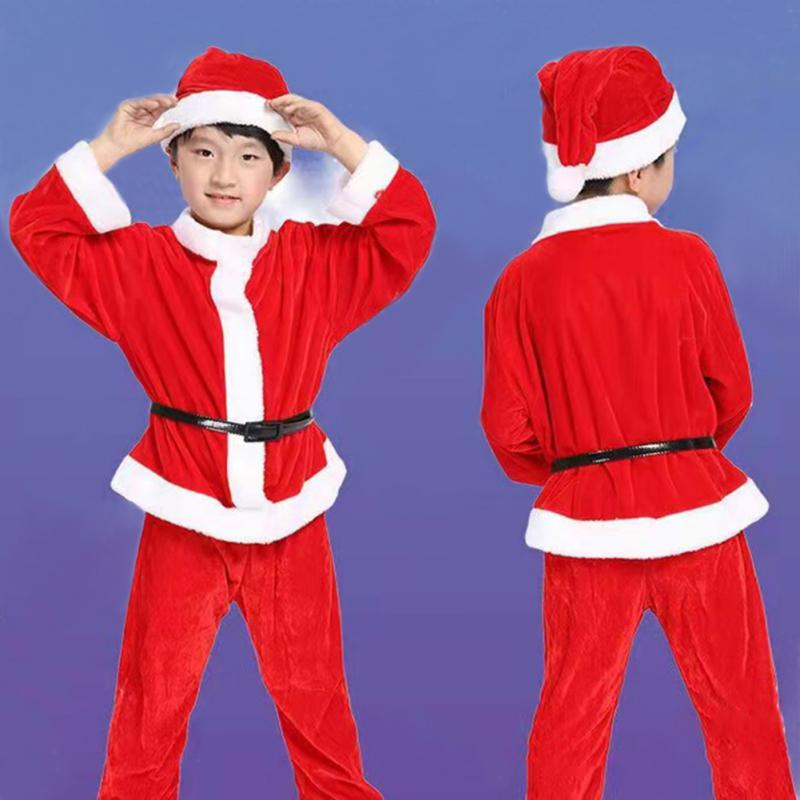 Костюм на Рождество для мальчика Шапка Топ Брюки И Пояс Набор из четырех предметов Детский костюм для выступления Костюм Санта-Клауса