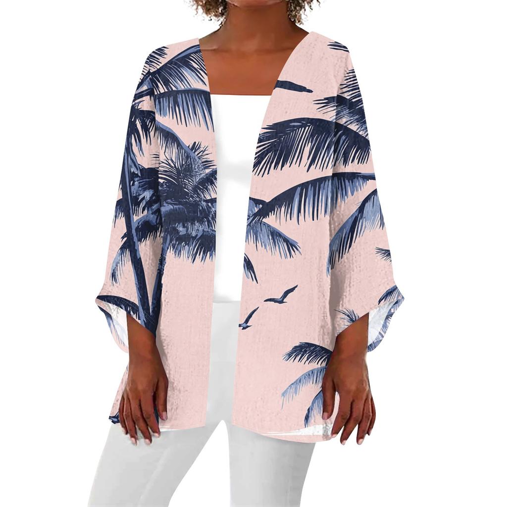 Women's Casual Fashion Beach Ocean Tree Print Lightweight Mid-Length Jacket Cardigan