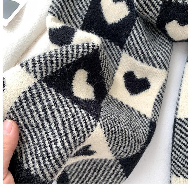 Love double-sided knitted scarf women's winter high-end checkerboard scarf, Korean version of versatile thickened warm scarf