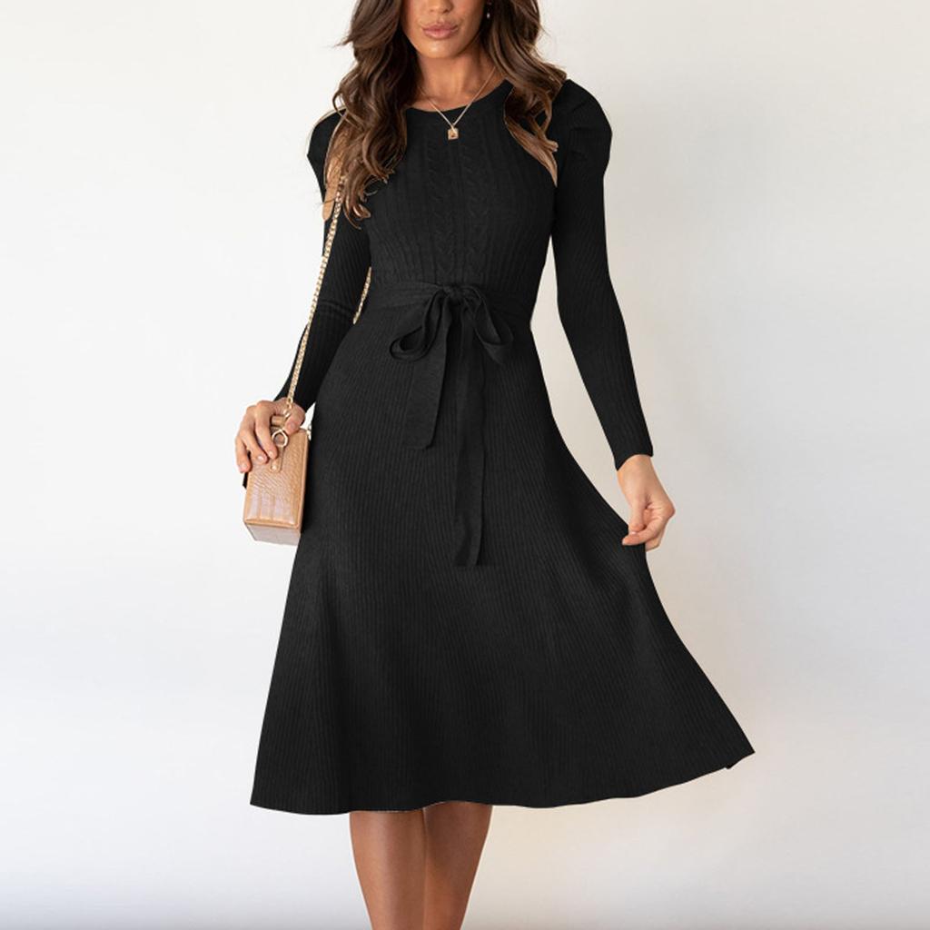 Women's Casual Solid Color Bubble Long Sleeved Knitted Skirt Mid Length Long Sleeved Dress