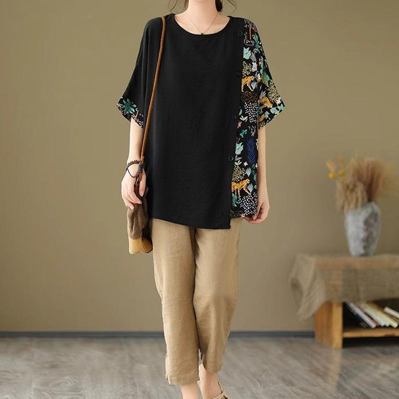 Дизайнерская футболка с короткими рукавами из хлопка и льна, женская летняя свободная, закрывающая живот и тонкий верх, летний топ с коротким рукавом