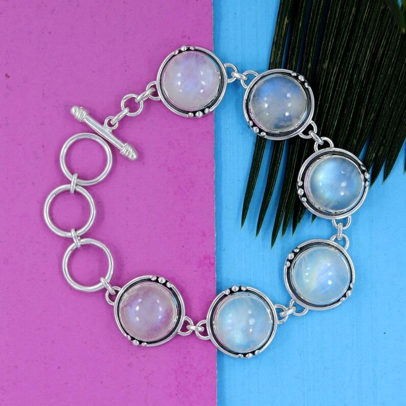 Радужный Лунный Камень Круглый Драгоценный Камень Цельное Серебро 925 пробы Ручной Работы Бохо Дизайнерский Браслет с Камнем-Талисманом