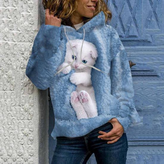 Yousheng Fall Winter Women Hoodie 3D Animal Print Loose Hooded Thick Plush Soft Warm Long Sleeve Pullover Mid Length Elastic Cuff Casual Top