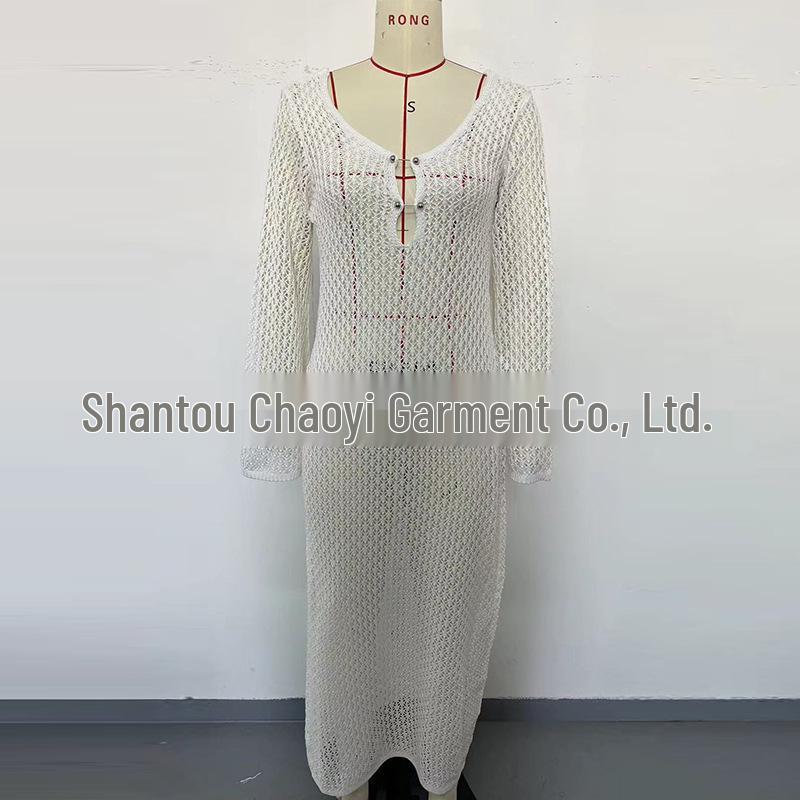 European-American V-Neck Hollow Texture Long-Sleeve Beach Dress