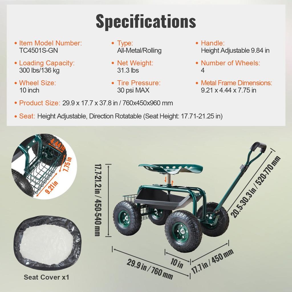 Garden Cart Rolling Workseat with Wheels, Gardening Stool for Planting, 360 Degree Swivel Seat, Wagon Scooter with Steering Handle & Utility Tool