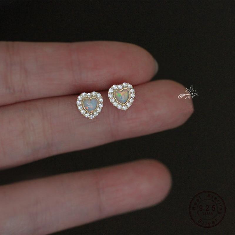 Серьги-гвоздики из корейского серебра 925 пробы с микро-инкрустацией кристаллами и опалом в форме сердца, позолоченные 14-каратным золотом, женские простые украшения для вечеринок