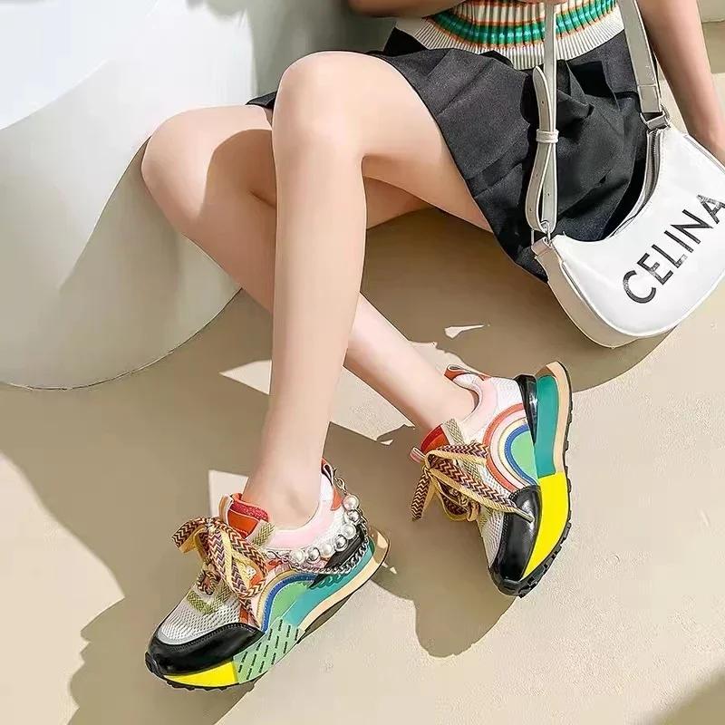 Fashion New Lace Up Iridescent Pearl Chain Decorative Women's Vulcanized Shoes Women's Platform Sneakers Zapatos De Mujer Women Shoes
