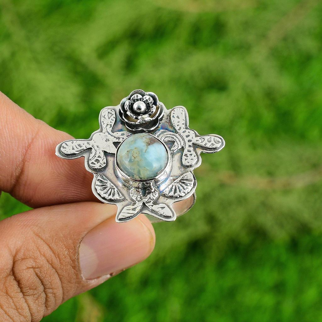 Natural Larimar Gemstone 925 Silver Solitaire Flower Adjustable Ring For Girls