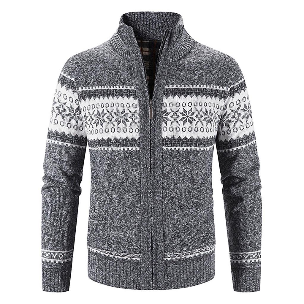 Men's Casual Autumn Winter Zipper Sweater Stand Collar Printed Cardigan Tops Sweater Blouse Coat