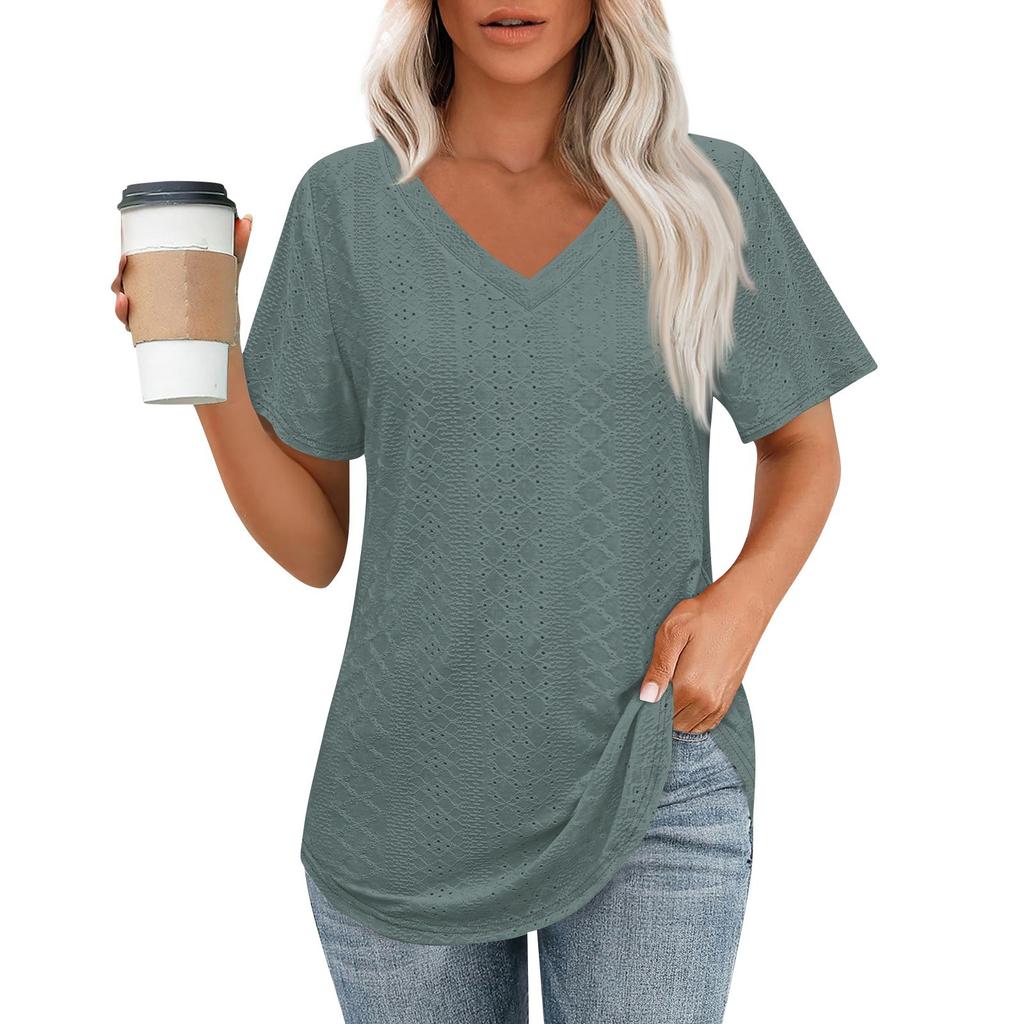 Womens T Shirts V Neck Short Sleeve Casual Tops Loose Fit Basic Tees With Curved Hem