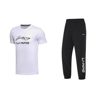 Пуловер с круглым вырезом и принтом логотипа Li Ning, короткий рукав, эластичные длинные брюки с надписью Cool Dry, повседневный спортивный комплект, спортивный комплект унисекс YHST165-1+YYKU111-1