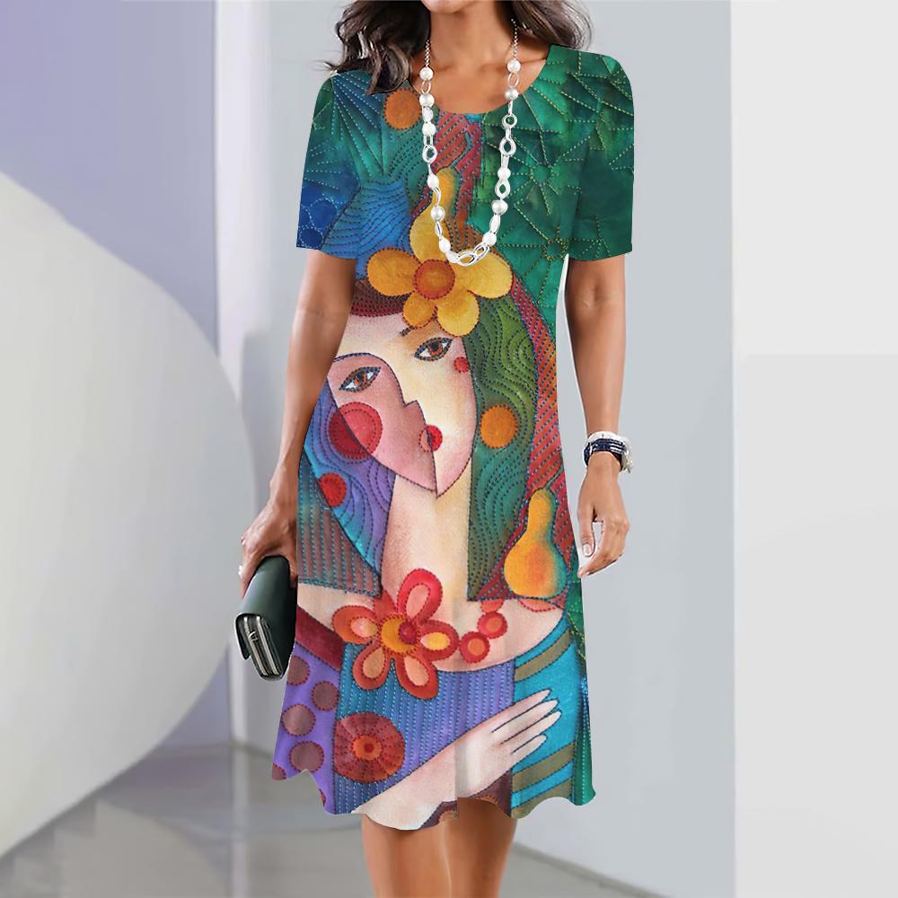 2024 Новые платья с 3D-принтом лица для женщин, элегантные платья миди, летнее женское платье с коротким рукавом, модная одежда больших размеров
