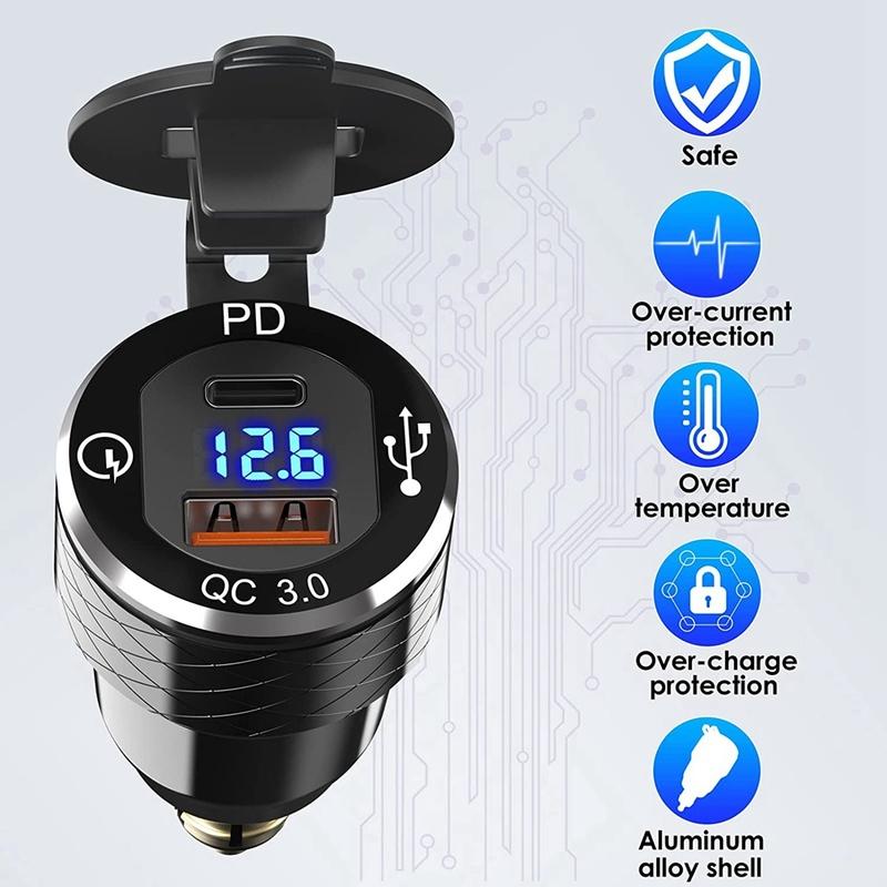 Быстрое зарядное устройство USB Type C PD 3.0 Din в USB и розетка 18 Вт QC 3.0 с вольтметром для мотоциклов 12 В-24 В Ducati BMW JAS