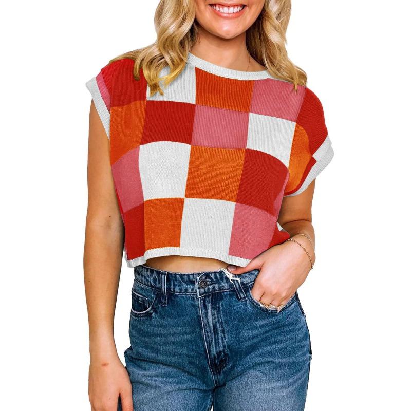 Вязаный клетчатый свитер с круглым вырезом и короткими рукавами, женский короткий топ с высокой талией и открытым пупком, повседневный трикотаж