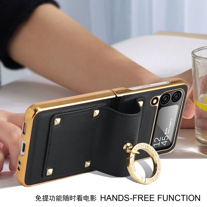Phone Case Galaxy Z Flip 8 7 6 5 Electroplated Leather Cover With Ring Holder Full Body