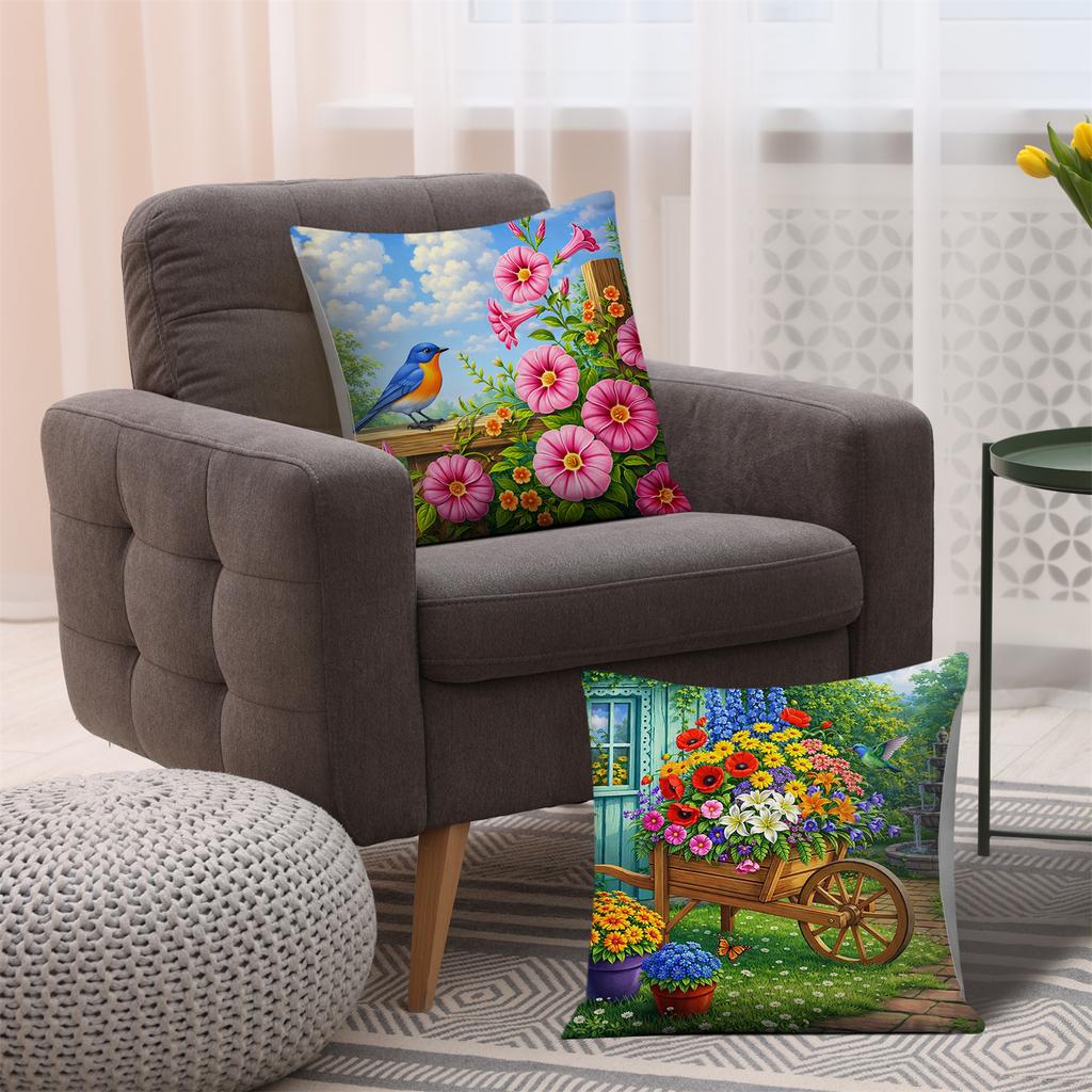 Whimsical Nature Pillow Covers, Bird & Floral Garden Scene Art Decorative Throw Pillow Cases, Playful Home Decor Cushion Covers