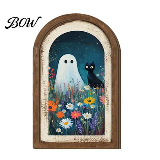Ghost Themed Room Decor Arch Wooden Sign, Cute Halloween Table Rustic Farmhouse Spooky Home Accents Shelf Decor, Decorative Wall Art for Mantel Living