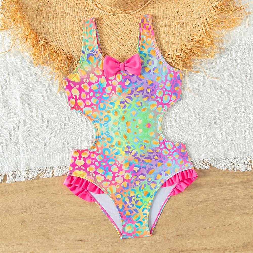 Яркий и красочный купальник для девочек с бантом и рюшами, цельный купальный костюм, летняя пляжная одежда для девочек-подростков, купальный костюм