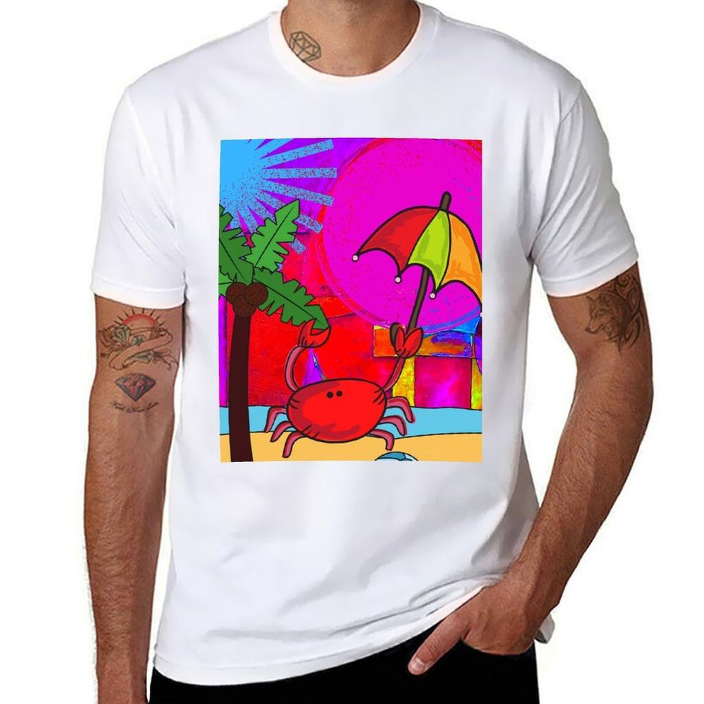 CUTE FUNNY CARTOON FUCHSIA RED PINK CRAB WITH UMBRELLA ON BEACH ORIGINAL ART TShirt Big and Tall Gym TShirt
