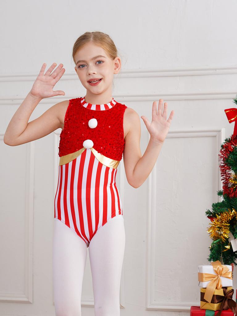 Девочки Рождественский балет Танцевальный купальник Гимнастика Фигурное катание Боди Без рукавов Карамельная трость Полосатый Sequin Комбинезон