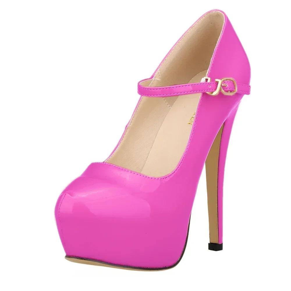 Женские туфли на платформе с высоким каблуком-шпилькой, сексуальные туфли с круглым носком 14 см, туфли-лодочки для танцев на пилоне, модные туфли для вечеринок с пряжкой, свадебные туфли, большой размер 44