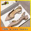 2025 Spring New One-word Buckle with Pointed Head Rivets Middle Heel Bag Head Thick Heel Willow Shoes Cool Slippers Women's Outer Wear