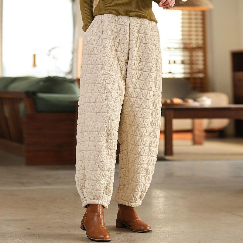 Johnature Quilted Thickened Women Bloomers Loose Elastic Quilted Cotton Trousers Winter Solid Color Casual Pants