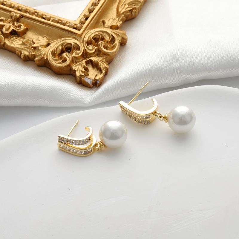 Качественные роскошные серьги с цирконом, висячие серьги из серебра 925 пробы с белым жемчугом для женщин, изысканные ювелирные изделия золотого цвета U-образной формы