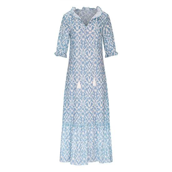 Женское летнее платье трапециевидной формы с большим подолом в богемном стиле и половиной рукавов с кисточками и V-образным вырезом, свободное пляжное платье макси с принтом для отпуска