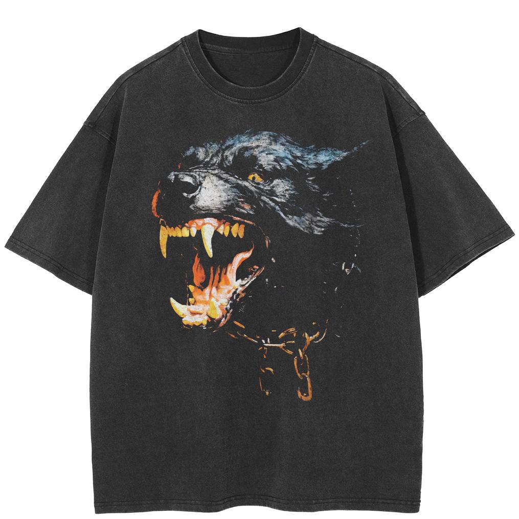 Streetwear Vicious Dog Unisex Cotton Washed Black Tshirt Tops Tees Summer Short Sleeves T Shirt