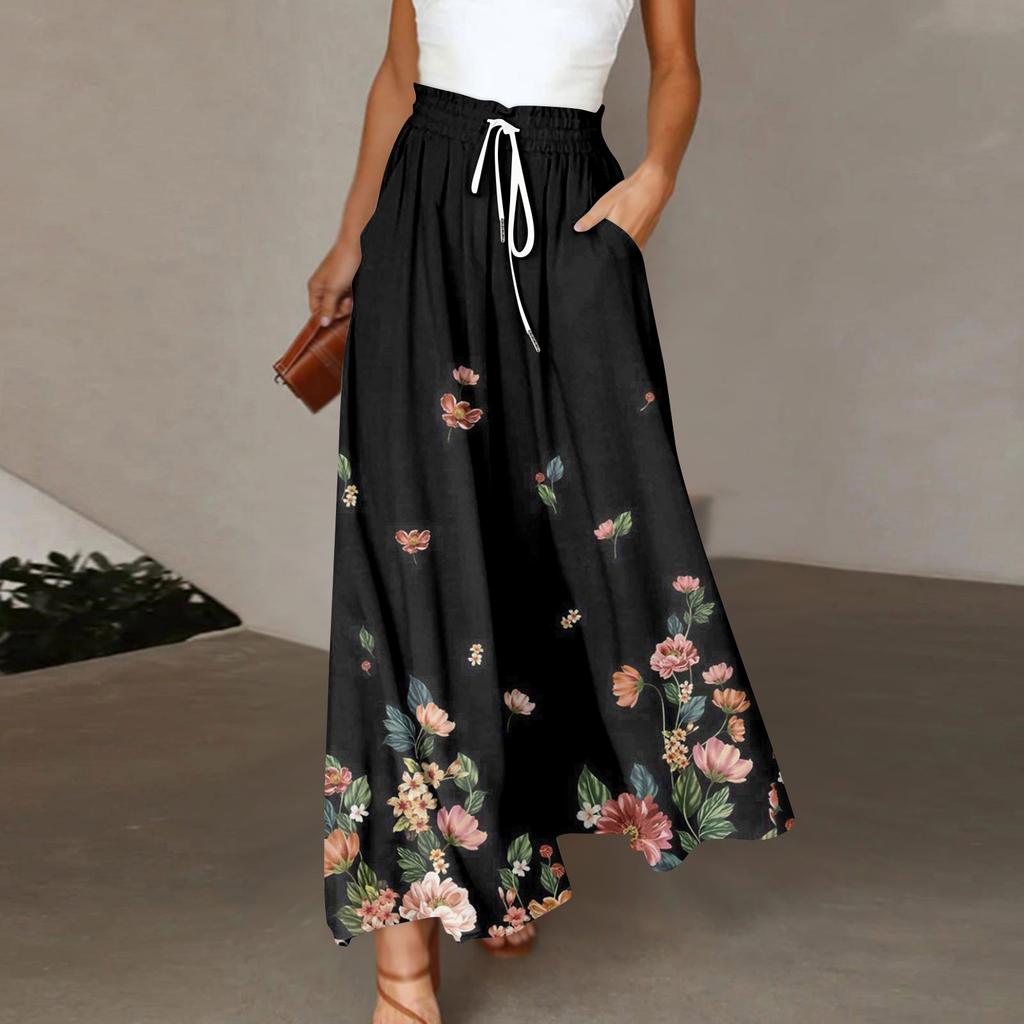 Женские брюки в стиле бохо с эластичным принтом и высокой талией, повседневные широкие брюки, длинные брюки с карманом