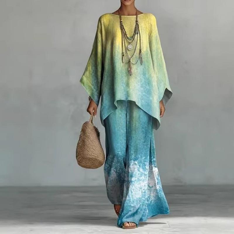 16 European and American artistic sense abstract graffiti casual suit round neck bat sleeve top + wide leg pants loose two-piece set
