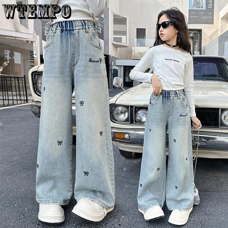 Джинсы для девочек на весну и осень, детские брюки прямого кроя для верхней одежды, свободные брюки широкого кроя на весну