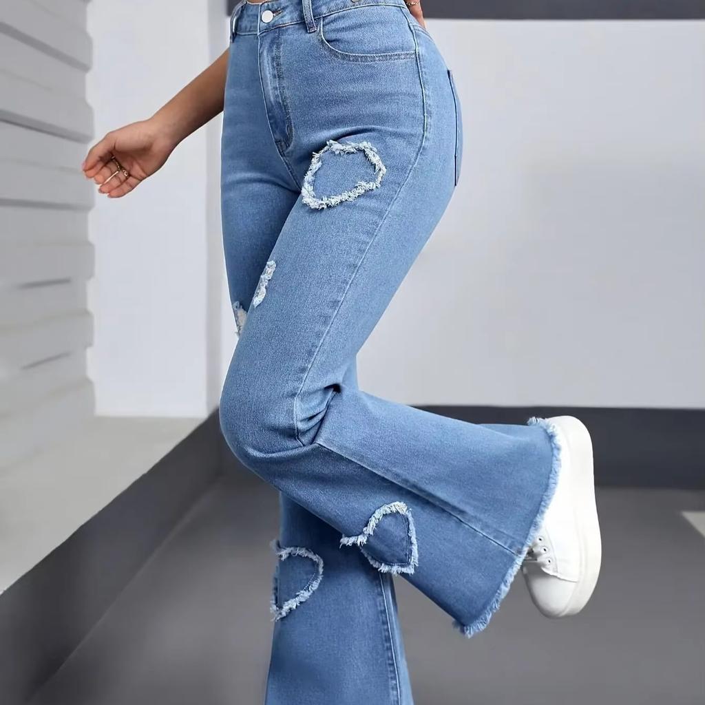 Y2K Blue Stretchy Heart Shaped Flared Jeans High Waist Retro Fashion Trendy Elastic Trousers for Women