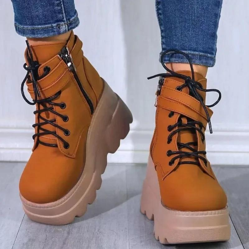 Fashion 2025 New Fashion Zip Lace-up High Heels Women's Boot Party Goth Wedges Shoes Woman Luxury Female Platform Green Ankle Boots