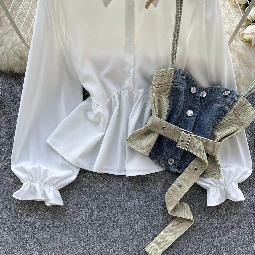 Korean Series Wear Age-Reducing Set Retro Denim Cami Stacked All-Matching Puff Sleeve Shirts Two-piece Set Top