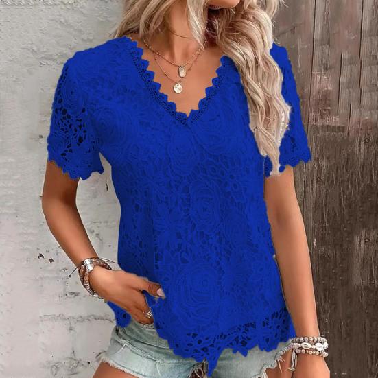 Women T-shirt V-neck Short Sleeve Casual Tee Shirt Hollow Embroidery Lace Pullover Tops Streetwear