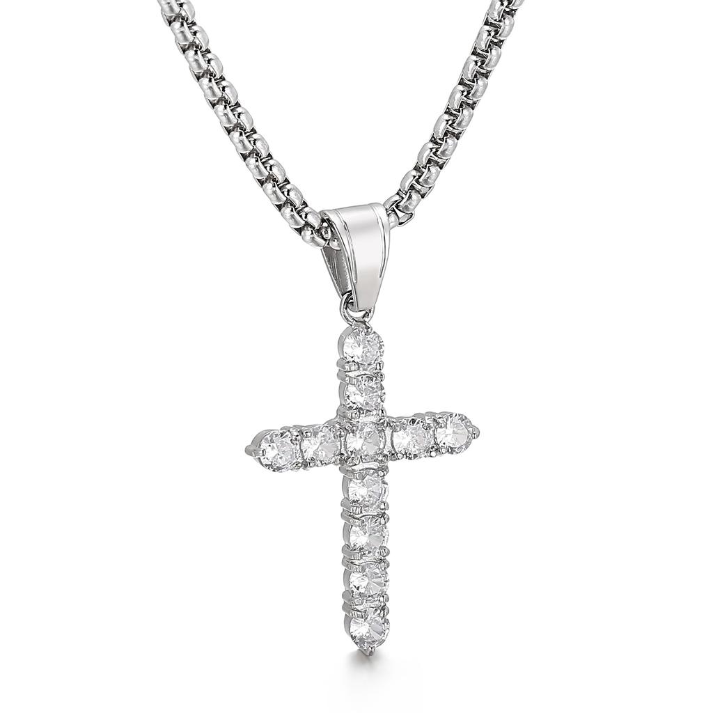 Golden Zircon Cross Pendant Jesus God Bless Stainless Steel Rock Men's Necklace Jewelry