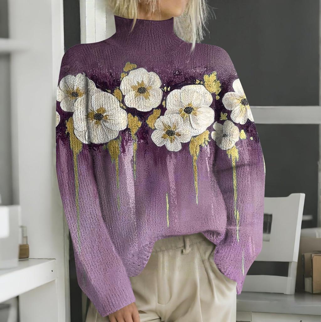 Женская мода повседневная с длинным рукавом и принтом, с высоким воротом, шерстяной трикотаж