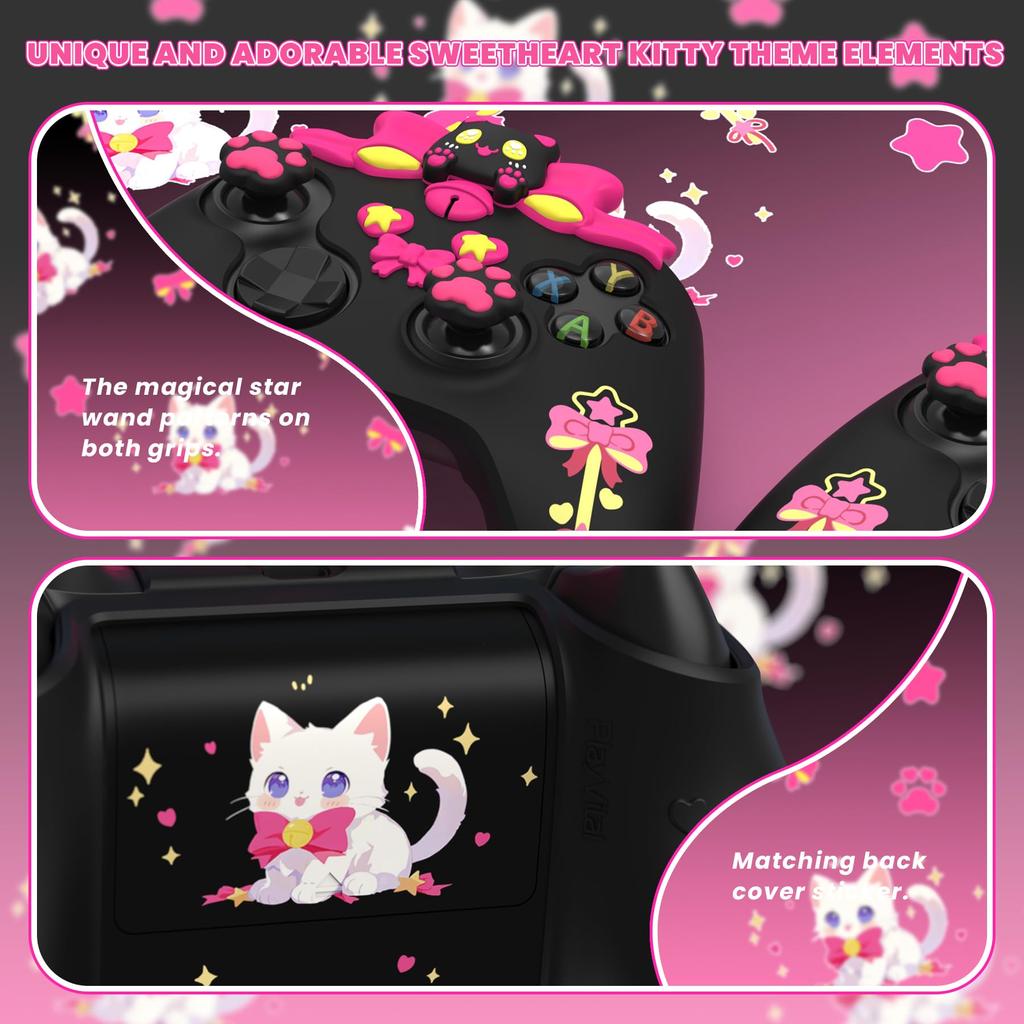 PlayVital Sweetheart Kitty Silicone Cover for Xbox Series Includes Thumb Grips and Cute Grip Cover X/S Controllers, Stickers, Design, Non-Slip [Black]