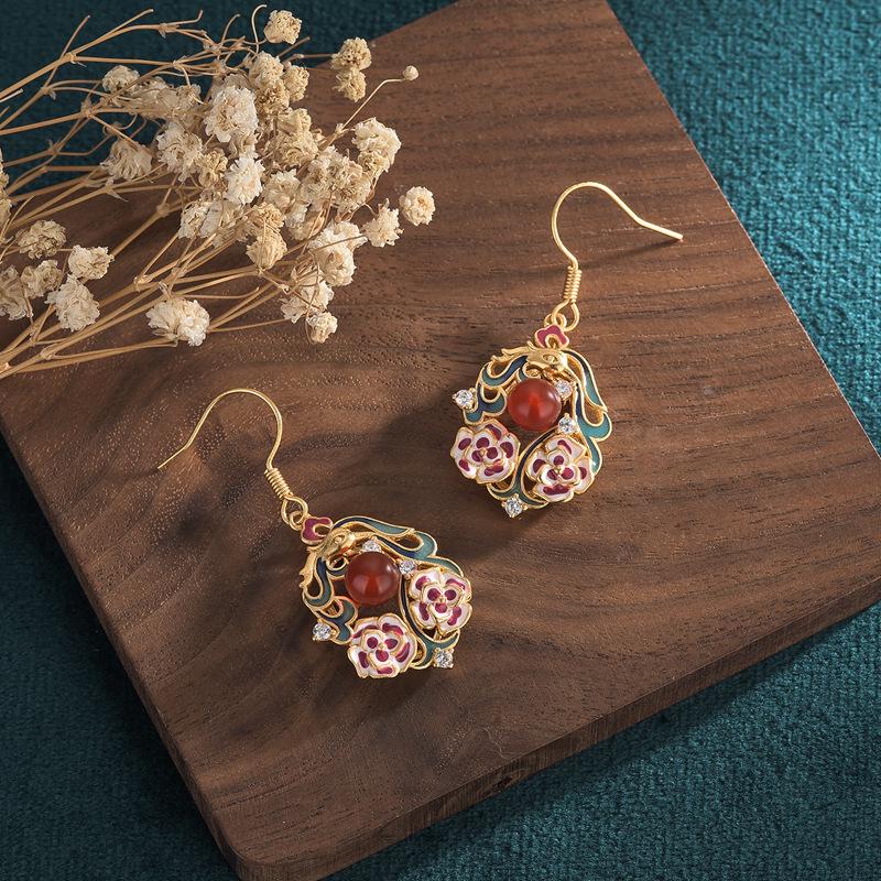 Серьги-пусеты из перегородчатой эмали Гуочао с халцедоном для женщин - Подвески в китайском стиле Цзинтайского синего цвета с влиянием ципао