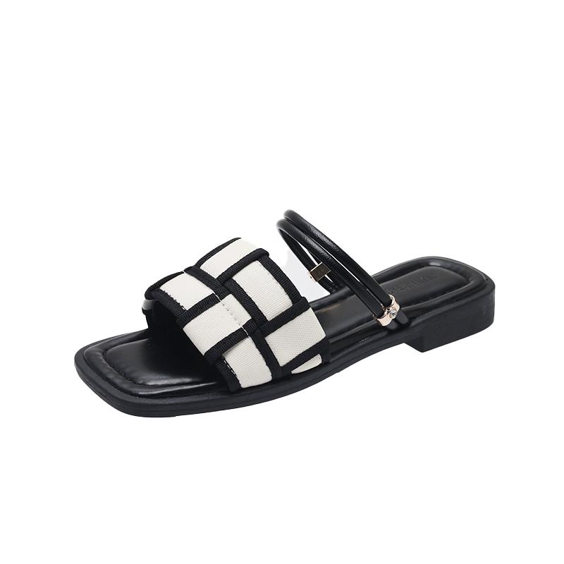 Fashion Summer 2024 New Flat Bottom Slippers for Women Fashion Square Toe Plaid Women Shoes Outdoor Casual Leisure Beach Shoes for Women