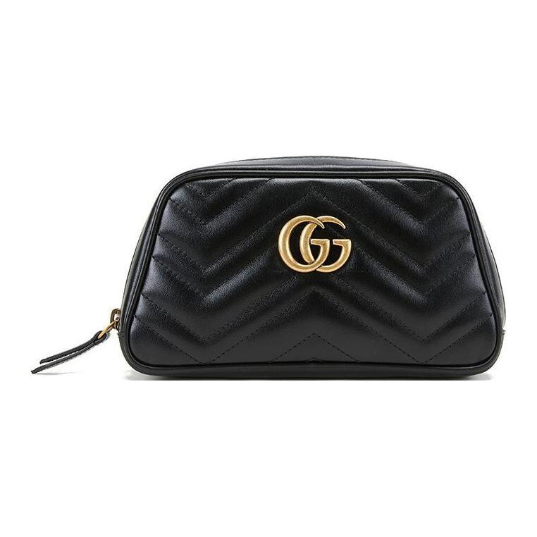 Gucci GG Marmont Gold Logo Quilted Leather Zipper Wristlet Clutch Women clutch Black 645111-DTDHT-1000