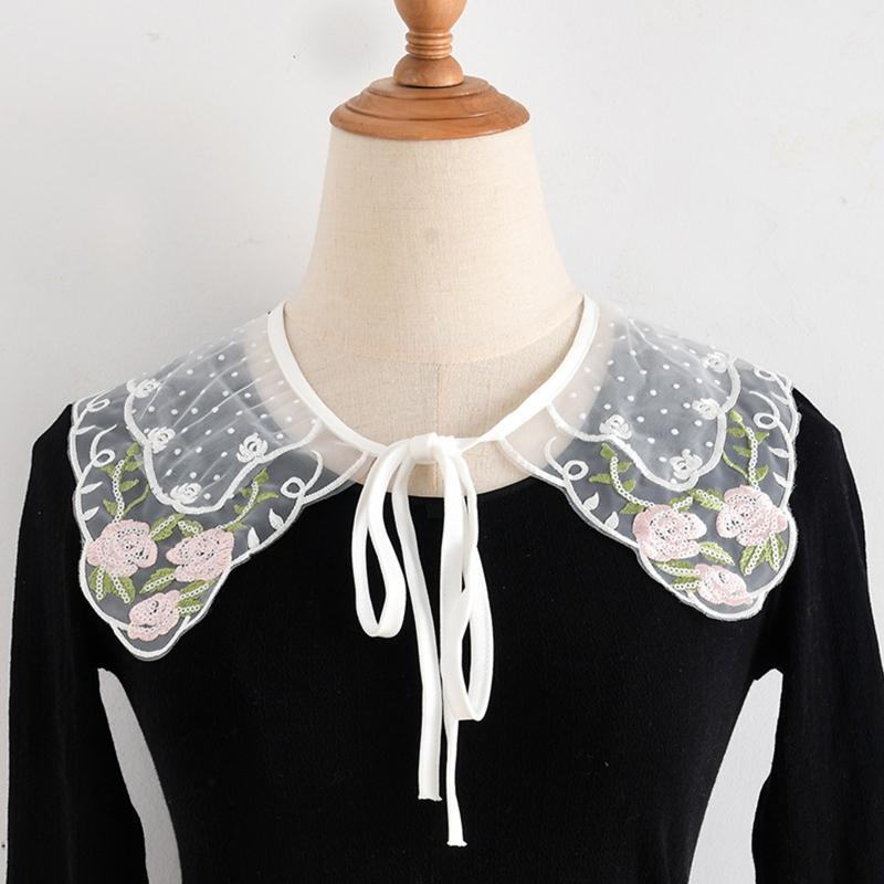 Women Girls Vintage Lolita False Fake Collar Shawl Sweet Ruffles Lace-Up Bow Decorative Necklace Choker Short Poncho
