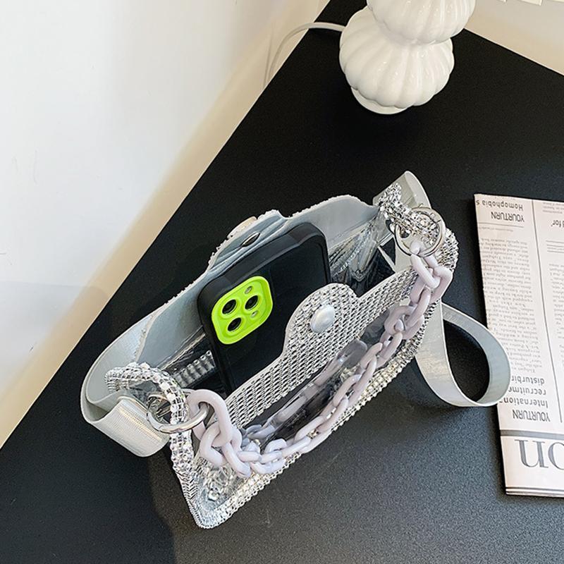 PVC Transparent Shoulder Crossbody Bag Rhinestone Thick Chain Ladies Small Purse and Handbags Fashion Jelly Summer Beach Totes CLE