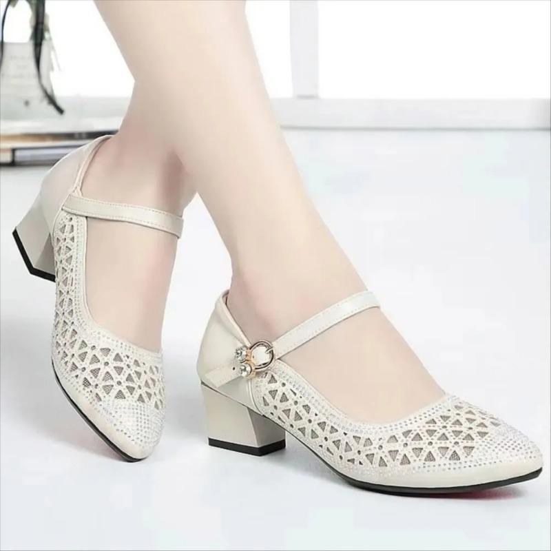 Черные сетчатые полые сандалии со стразами, женские повседневные рабочие туфли на толстом каблуке и высоком каблуке с пряжкой одного слова, мягкая кожаная обувь