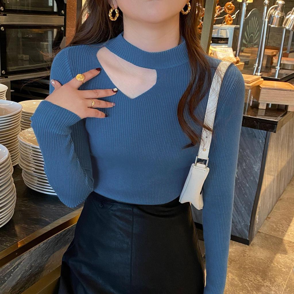 Весенне-осенний женский свитер с бретелькой на шее, однотонный однотонный вязаный топ с длинным рукавом, тонкий низ