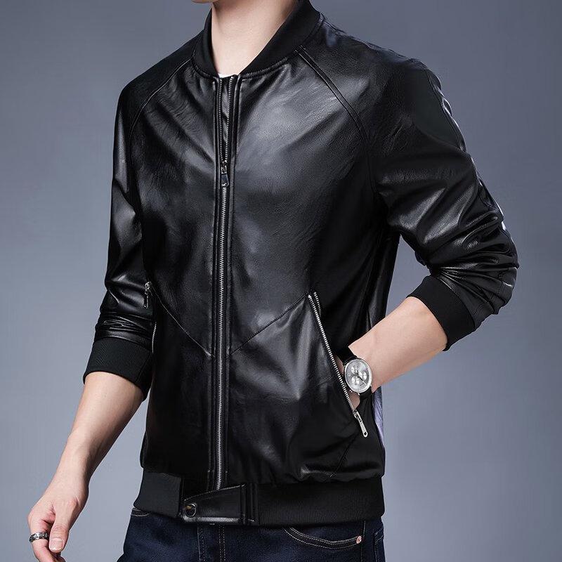 ROMON Men's Retro Baseball Collar Leather Jacket